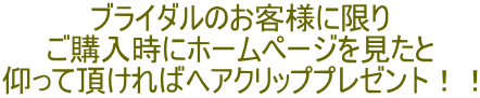 ブライダルのお客様に限り ご購入時にホームページを見たと 仰って頂ければヘアクリッププレゼント！！