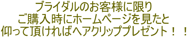 ブライダルのお客様に限り ご購入時にホームページを見たと 仰って頂ければヘアクリッププレゼント！！