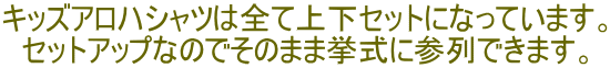 キッズアロハシャツは全て上下セットになっています。 セットアップなのでそのまま挙式に参列できます。